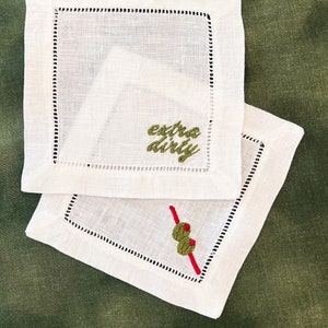 Extra Dirty Martini Embroidered Cocktail Napkins, Dirty Martini Cocktail Napkins, Olive Cocktail Napkins, Martini Cocktail Napkins