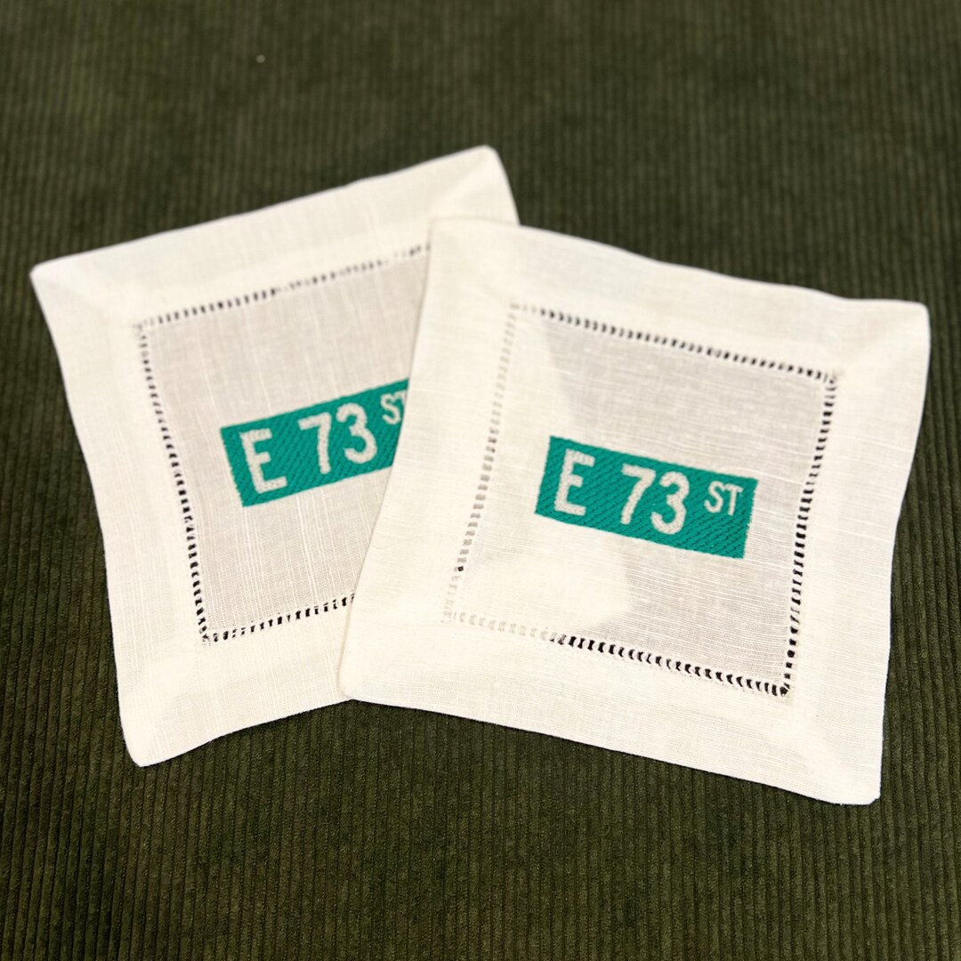 NYC Street Sign Embroidered Cocktail Napkins, New York Themed Napkins, NYC Cocktail Napkins, New