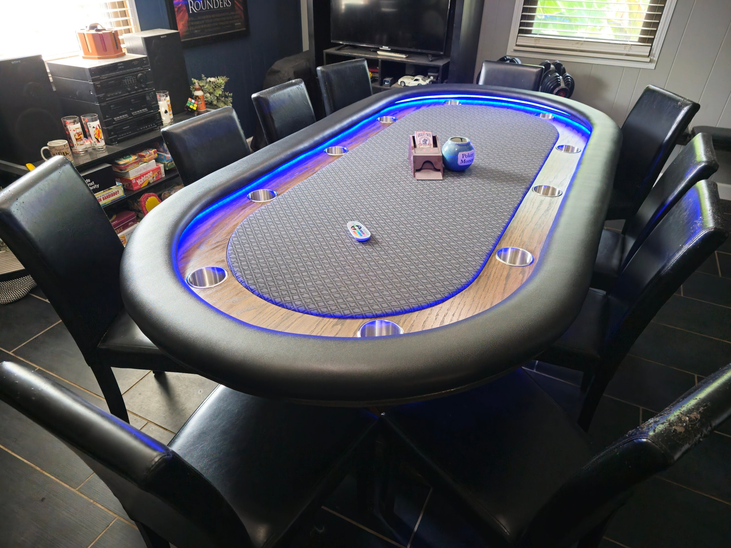 Poker Table Red Oak Racetrack Padded 10 Person LED Game Table Etsy