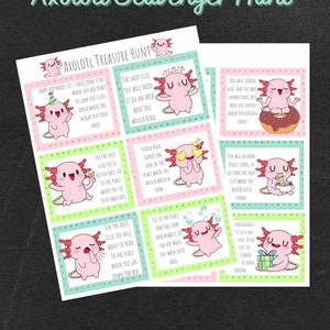 Axolotl scavenger hunt for kids, party printable axolotl, Printable rainy day, PDF activities kids, elementary pdf activities, treasure hunt