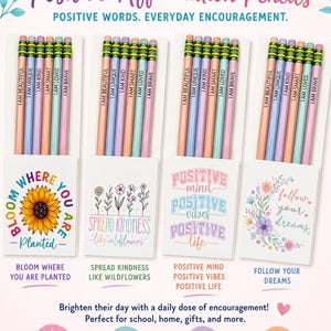 May include: A 6-pack of pencils featuring positive affirmations like I AM BEAUTIFUL, I AM UNIQUE, I AM KIND, I AM SMART, I AM LOVED, and I AM BRAVE. The pencils are displayed in four sets with decorative cardstock sleeves featuring floral designs and text.
