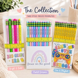 May include: Three sets of personalized pencils in clear packaging. The left set features bright colors with the text Braelynn's 3rd Grade Era. The middle set has pastel pencils labeled Alyssa Lopez. The right set is yellow with the text Decker Osbon.