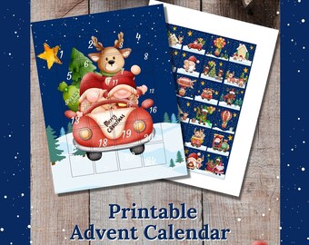 Calendario de cuenta atrás de Navidad de Adviento imprimible - Lindos gnomos y renos - Descarga digital - Calendario de Adviento para niños de jardín de infantes PDF