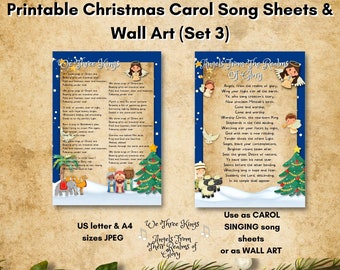 Hoja imprimible con la letra de la canción de villancico (juego de 3) Canto de villancicos y arte mural. Carta de EE. UU. y A4. Nosotros, los tres reyes, ángeles de sus reinos...
