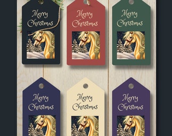 Etiquetas de Regalo Imprimibles - Navidad Caballo Palomino en la Nieve - Descarga Digital PDF - A4 - Varios Colores
