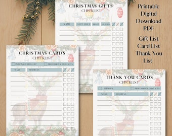 Trío de plantillas imprimibles de listas navideñas - Lista de tarjetas navideñas, lista de regalos y lista de agradecimiento - Descarga digital PDF - 8.5"x 11"