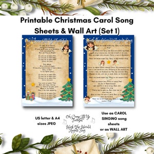 Puede incluir: Dos hojas de canciones de villancicos navide&ntilde;as imprimibles con las letras de "Oh Come All Ye Faithful" y "Hark the Herald Angels Sing". Las hojas est&aacute;n decoradas con un fondo azul, nieve blanca e ilustraciones de &aacute;ngeles y un &aacute;rbol de Navidad.