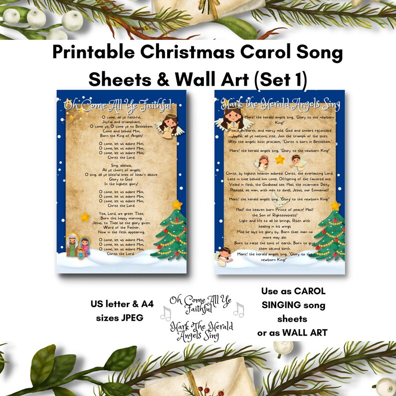 Puede incluir: Dos hojas de canciones de villancicos navide&ntilde;as imprimibles con las letras de "Oh Come All Ye Faithful" y "Hark the Herald Angels Sing". Las hojas est&aacute;n decoradas con un fondo azul, nieve blanca e ilustraciones de &aacute;ngeles y un &aacute;rbol de Navidad.
