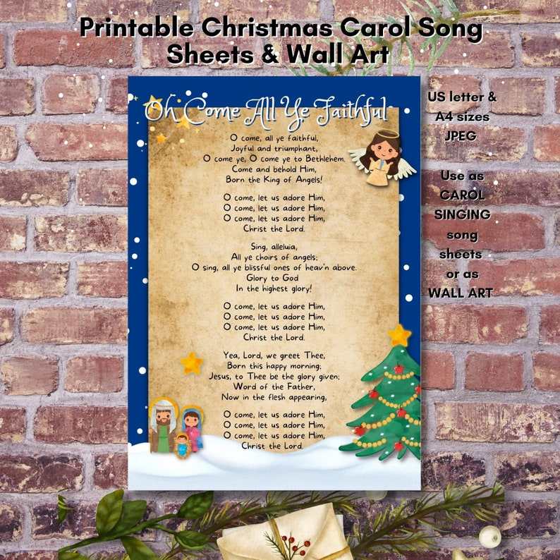 Puede incluir: Hoja de canci&oacute;n de villancico navide&ntilde;a imprimible con la letra de "Oh Come All Ye Faithful" e ilustraciones de un &aacute;rbol de Navidad, &aacute;ngeles y la Sagrada Familia. La hoja est&aacute; disponible en tama&ntilde;os carta de EE. UU. y A4.