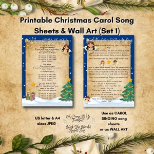 Puede incluir: Dos hojas de villancicos navide&ntilde;os imprimibles con las letras de "Oh Come All Ye Faithful" y "Hark! The Herald Angels Sing". Las hojas est&aacute;n decoradas con ilustraciones festivas de un &aacute;rbol de Navidad, &aacute;ngeles y una escena de la Natividad. El texto est&aacute; en blanco y negro, y el fondo es azul. Las hojas est&aacute;n dise&ntilde;adas para ser utilizadas como hojas de villancicos navide&ntilde;os o como arte de pared.