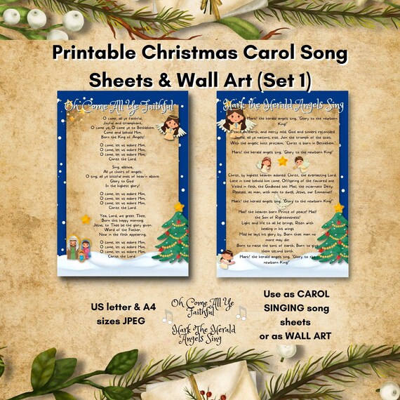 Christmas Carol Song Sheet Lyrics (set 1) for Carol Singing and Wall Art. Printable U.S. Letter and A4 sizes. Hark the Herald, Oh Come All..