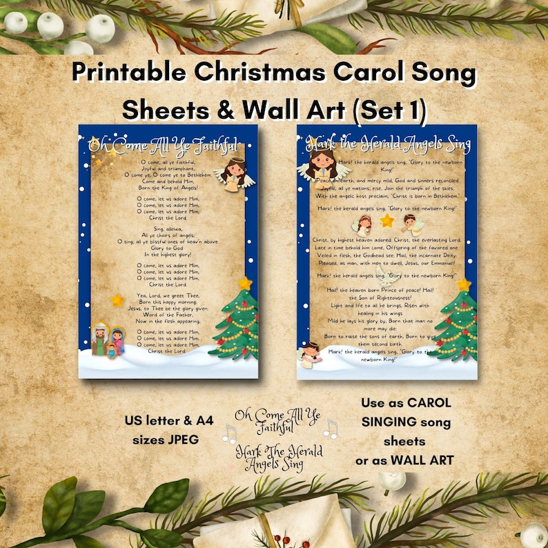 Puede incluir: Dos hojas de villancicos navide&ntilde;os imprimibles con las letras de "Oh Come All Ye Faithful" y "Hark! The Herald Angels Sing". Las hojas est&aacute;n decoradas con ilustraciones festivas de un &aacute;rbol de Navidad, &aacute;ngeles y una escena de la Natividad. El texto est&aacute; en blanco y negro, y el fondo es azul. Las hojas est&aacute;n dise&ntilde;adas para ser utilizadas como hojas de villancicos navide&ntilde;os o como arte de pared.