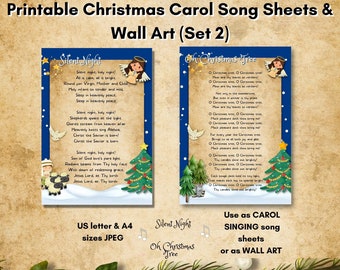 Hojas con letras de canciones de villancicos (juego de 2) para imprimir. Tamaño carta y A4 de EE. UU. Canto de villancicos y arte mural. Noche de paz, oh árbol de Navidad