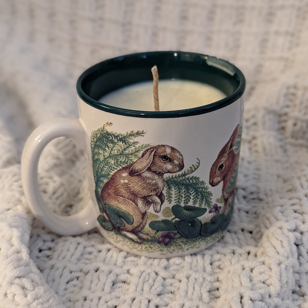 Bunnies | Fresh-Cut Grass | Clean Laundry | Upcycled Mug Candle | Hand-Poured Soy Wax | Disgruntled Candle Co.