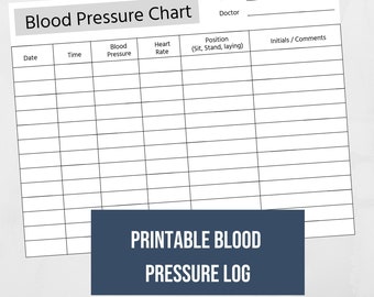 Puede incluir: Un gráfico de presión arterial imprimible con columnas para la fecha, la hora, la presión arterial, la frecuencia cardíaca, la posición y las iniciales/comentarios. El gráfico se titula "Blood Pressure Chart" y tiene el texto "PRINTABLE BLOOD PRESSURE LOG" en la parte inferior.