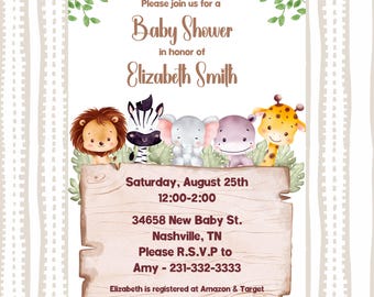 Invitación de baby shower de safari • Invitación de animales de la selva • Plantilla editable • Descarga instantánea