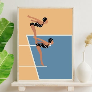 May include: Two women in black and white polka dot swimsuits are poised on a diving board, ready to jump into a blue pool. The background is a light orange color.