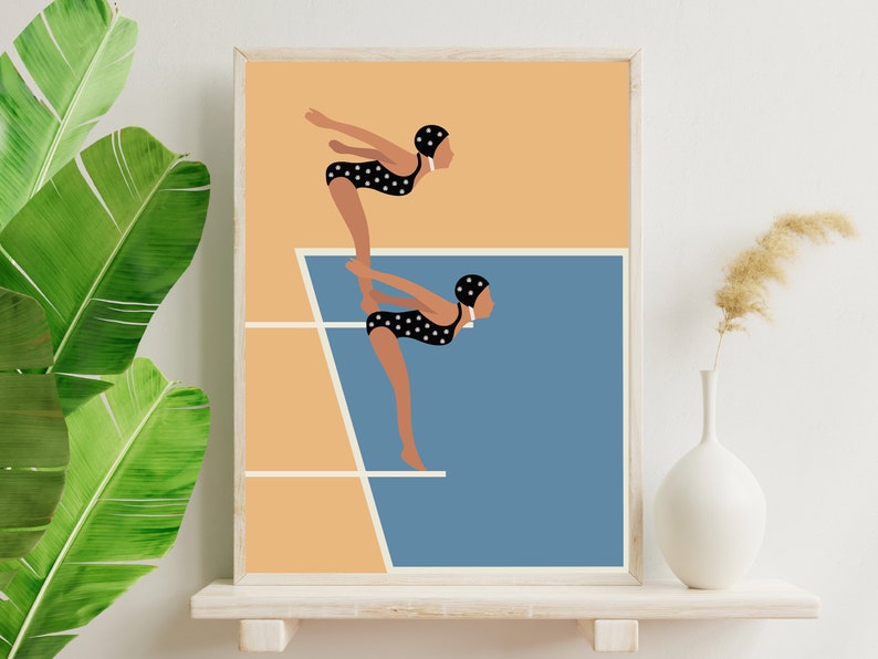 May include: Two women in black and white polka dot swimsuits are poised on a diving board, ready to jump into a blue pool. The background is a light orange color.