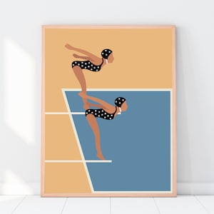 May include: Two figures in black and white polka dot swimsuits are poised on a diving board, ready to jump into a blue pool. The background is a warm orange color.