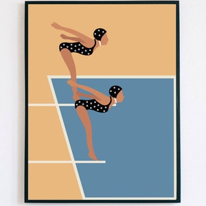 May include: Two figures in black and white polka dot swimsuits and swim caps are poised on a diving board above a blue pool. The diving board is white with a yellow background.