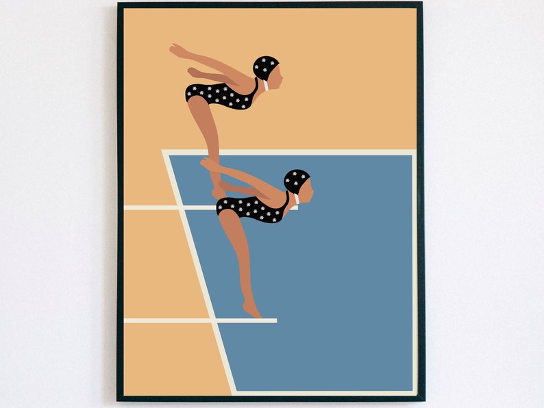 May include: Two figures in black and white polka dot swimsuits and swim caps are poised on a diving board above a blue pool. The diving board is white with a yellow background.