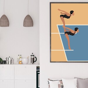 May include: A minimalist illustration of two figures in black and white polka dot swimsuits diving off a diving board into a blue pool. The background is a light orange color.