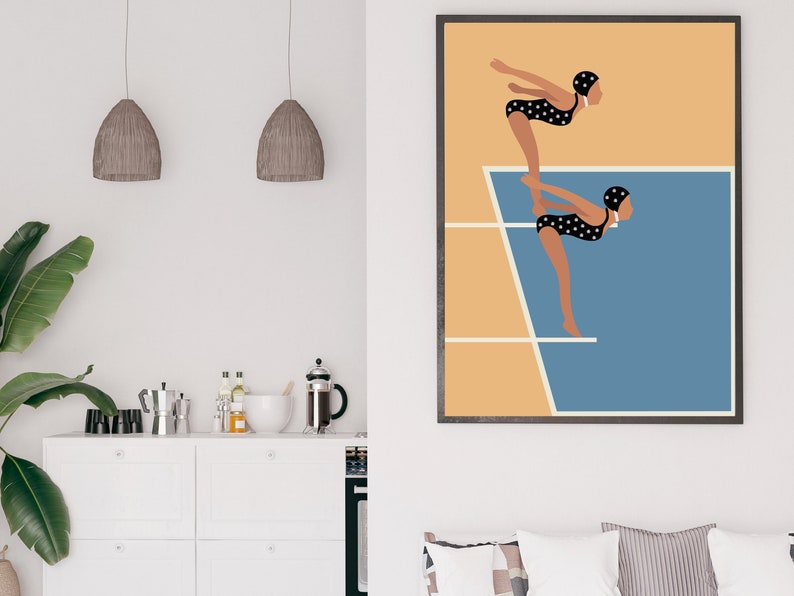 May include: A minimalist illustration of two figures in black and white polka dot swimsuits diving off a diving board into a blue pool. The background is a light orange color.