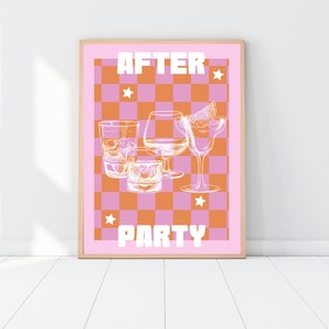 Después del cartel de la fiesta, Impresión de barra, Impresión de cocina, Arte de pared, Arte de cocina, Decoración de pared, Impresiones rosas, Impresiones de bebidas, Alcohol, Tablero de ajedrez
