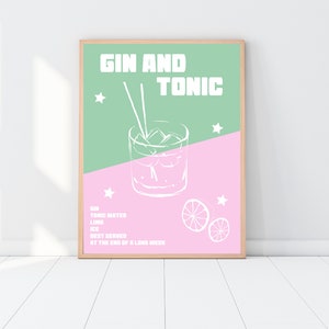 Gin and Tonic Cocktail Print, Wall Art Gin Print, Cocktail Drink Print, Kitchen Art, Gin Poster, Cocktails Wall Art