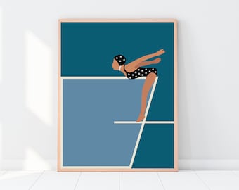 May include: A digital illustration of a person in a black and white polka dot swimsuit diving off a diving board into a blue pool.