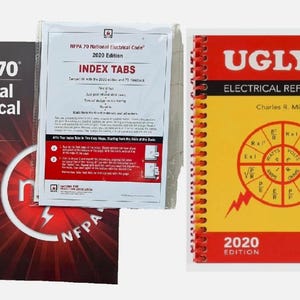 May include: A set of three electrical reference items including a black NFPA 70 National Electrical Code 2020 book, a package of index tabs for the code book, and a yellow spiral-bound Ugly's Electrical References 2020 edition book.