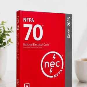 May include: A red and gray book titled NFPA 70 National Electrical Code 2026. The front cover features large white text reading 70, the NFPA logo, and a circular nec emblem with lightning bolt graphics. The spine displays the title and year.