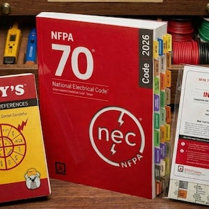 May include: A 2026 edition Ugly's Electrical References spiral-bound book with a yellow cover, a red NFPA 70 National Electrical Code 2026 book with colorful index tabs, and a package of NFPA 70 2026 Edition Index Tabs in a clear plastic sleeve.