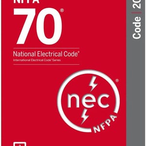 May include: The front cover of the NFPA 70 National Electrical Code 2026 book. The background is bright red with white text reading NFPA 70, National Electrical Code, and International Electrical Code Series. A circular nec logo with lightning bolts.
