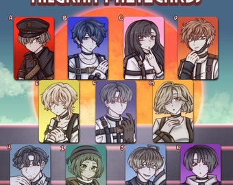 May include: A set of 11 photo cards featuring anime-style characters with different hairstyles and clothing. The characters are wearing various outfits, including a military uniform, a white shirt with a black vest, and a black shirt with a white collar. The cards are arranged in a grid pattern with letters A through K labeling each card.