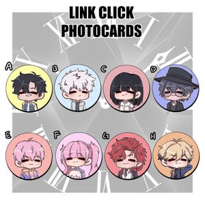 May include: Circular photocard set featuring eight cartoon character designs, each with unique hairstyles and outfits. The cards are labeled A through H. The text "LINK CLICK PHOTOCARDS" is displayed at the top. The background is a gray gradient with clock imagery.