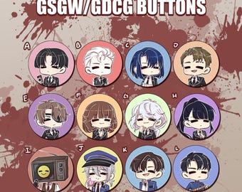 Puede incluir: Una colección de doce botones redondos con ilustraciones de dibujos animados de personajes con varios peinados y expresiones. Los botones están colocados sobre un fondo con un diseño de salpicaduras y el texto "GSGW/GDCG BUTTONS" en la parte superior.