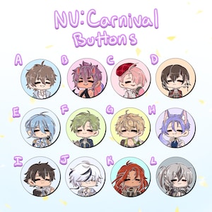 May include: Twelve colorful round buttons featuring anime-style characters with different expressions and outfits. The buttons are arranged in a grid with letters A through L labeling each button. The text "NU: Carnival Buttons" is at the top of the image.