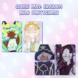 May include: Four holographic photocard illustrations from Cookie Run: Kingdom. The cards feature colorful character portraits with detailed designs. The top card reads "Cookie Run: Kingdom Holo Photocards" in purple text.