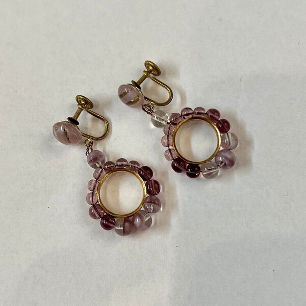 Vintage purple glass bead hoop drop earrings, western Germany screw back earrings, 1950s