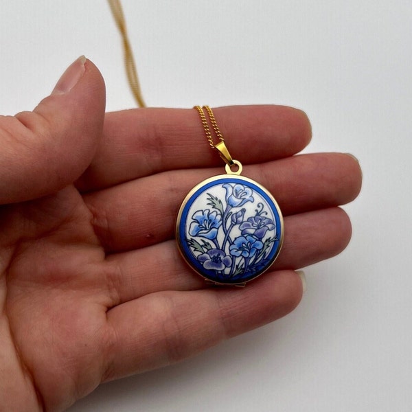 Vintage enamel blue floral locket signed Michaela Frey, 1980s