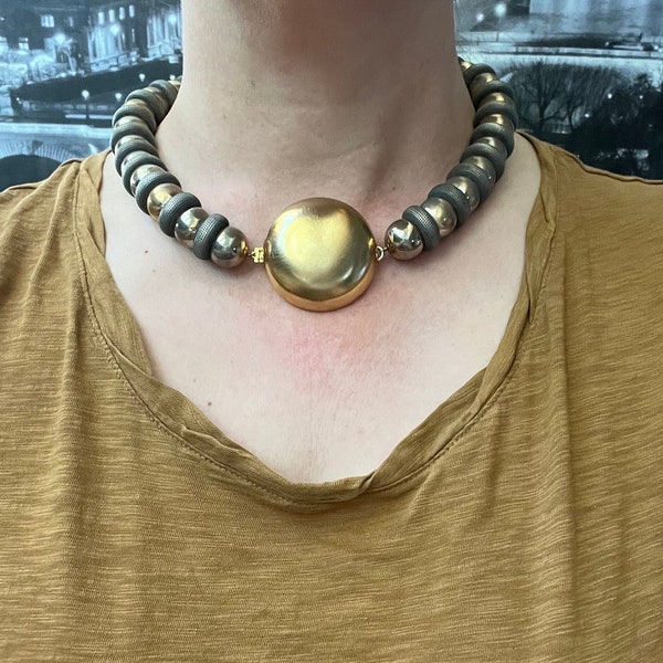 Vintage chunky bi metal tone bead necklace, 1980s