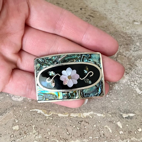 Vintage abalone inlay flower brooch, Mexico alpaca silver, 1980s