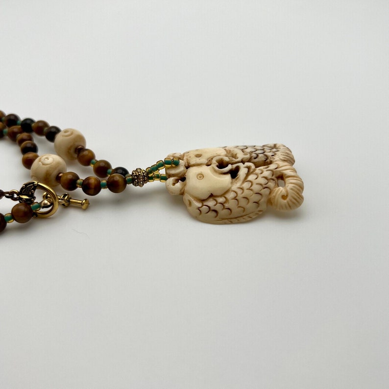 Vintage Tigers Eye Stone Bead Necklace With Carved Bone Fish Pendant - Etsy