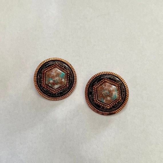 Vintage copper confetti lucite button earrings, c… - image 3