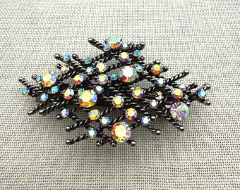 Vintage Aurora Borealis Rhinestone Hair Barrette Silver Tone