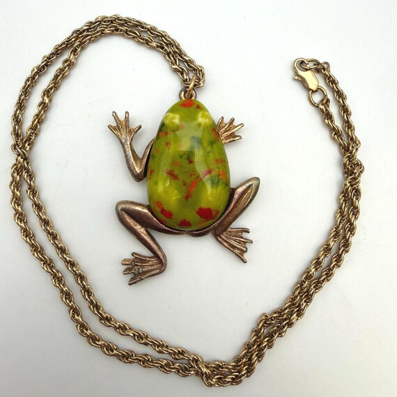 Vintage Ceramic Frog Necklace, Whimsical Green Frog Pendant