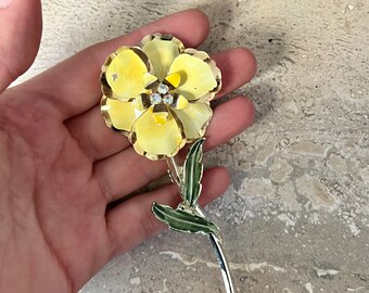 Vintage yellow enamel rhinestone flower pin, 1960's