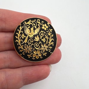 Vintage floral and bird damascene brooch