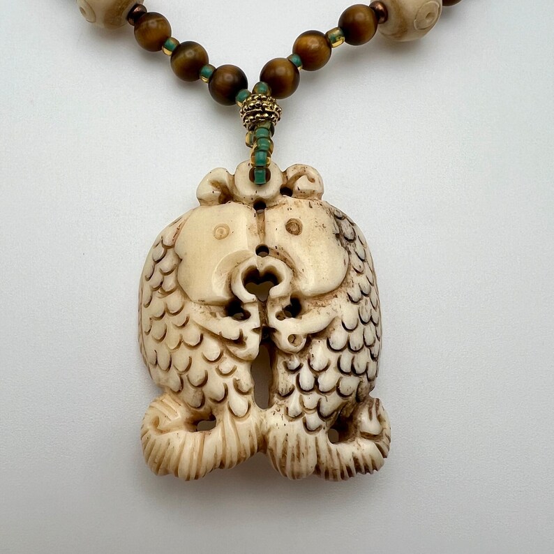 Vintage Tigers Eye Stone Bead Necklace With Carved Bone Fish Pendant - Etsy